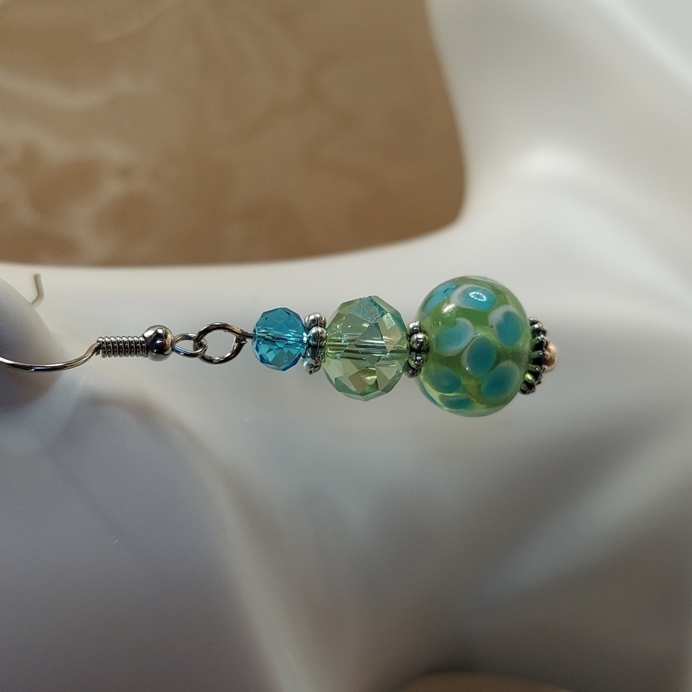 Earrings, blue/green crystal